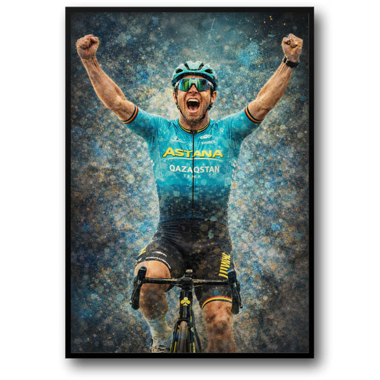Astana Pro Team | Triumphant Cyclist Victory Print | Vibrant Colors | High-Performance Bike | Cycling Passion | Ideal for Sports Fans | Spectacular Particle Background Poster