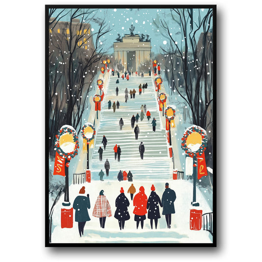 Festive Winter Scene | Urban Christmas Decor | Cozy Holiday Atmosphere | Vibrant Colors Print | Warm Seasonal Wall Art Poster | Unique Gift for Christmas Enthusiasts | Indoor Spaces Art | Snowy Steps Illustration