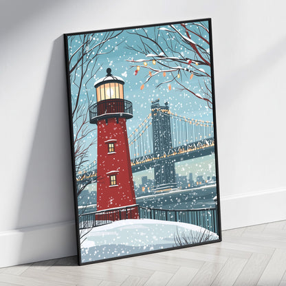 Scenic Winter Wonderland Art | Red Lighthouse in Snow | Cityscape & Bridge | Holiday Lights & Falling Snowflakes | Nature Enthusiast Gift | Large Wall Print | Tranquil Seasonal Decor | Serene Atmosphere