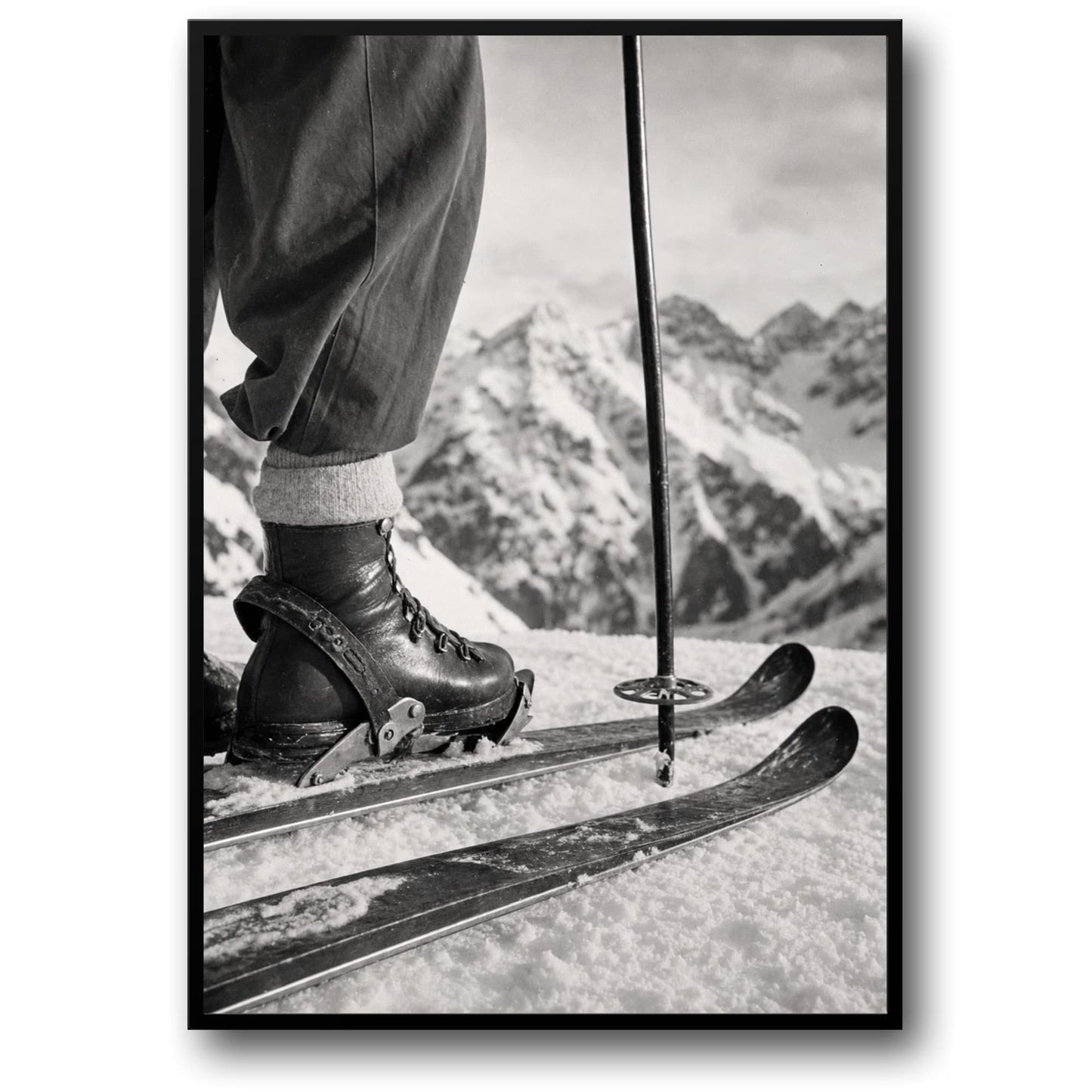Vintage Ski Boots and Skis on Snowy Mountain | Retro Winter Sports Wall Art | Black and White Photography Print Poster