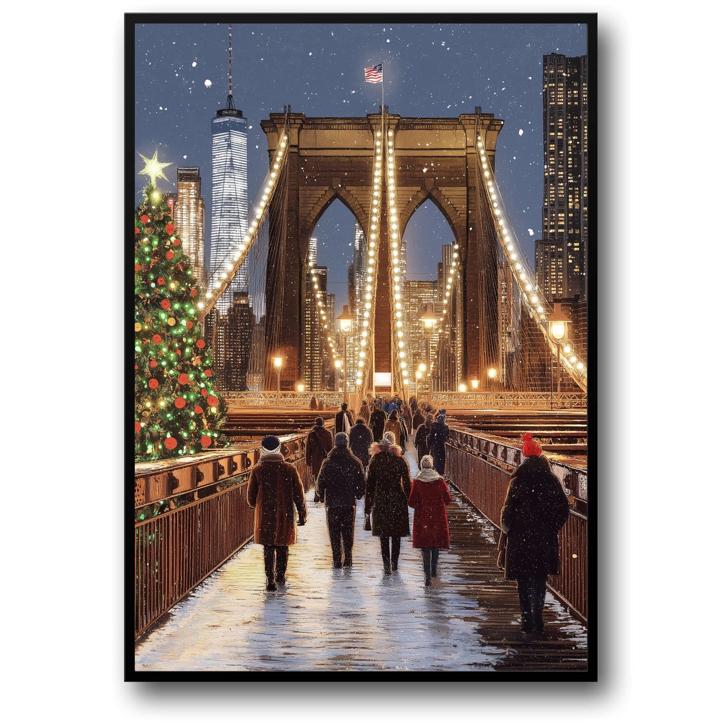 Brooklyn Bridge Festive Night | New York City Skyline | Illuminated Historic Architecture | Christmas Tree Print | Snowfall Poster | Iconic Holiday Atmosphere Art | Winter Coats | American Flag Visual Decor