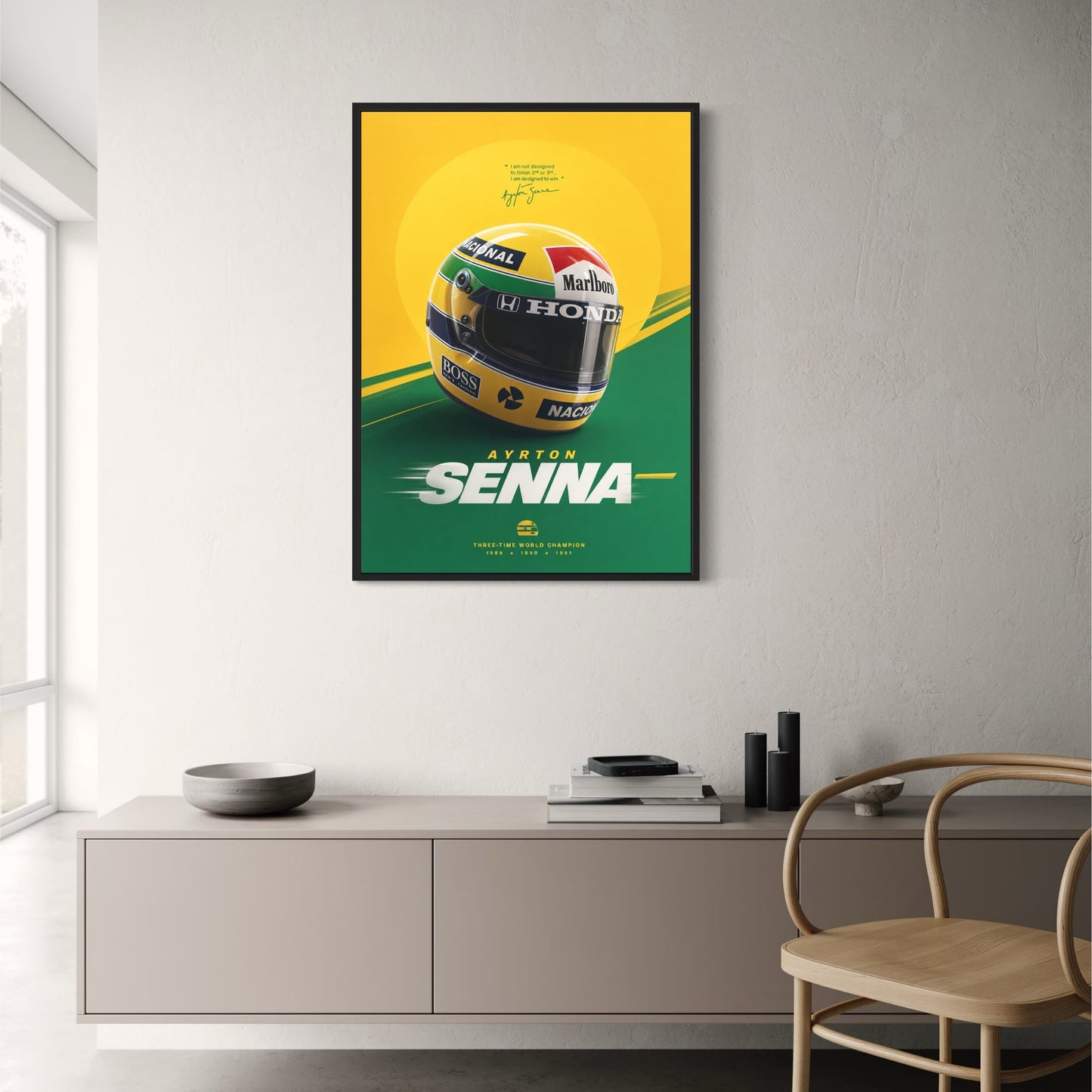 Ayrton Senna Tribute | Racing Helmet Art | Three-Time World Champion 1988 1990 1991 | Inspirational Quote Poster Print