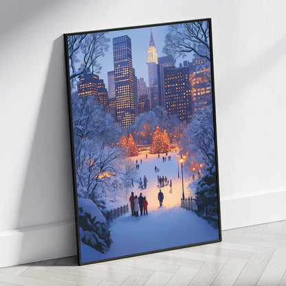Enchanting Winter Wonderland Cityscape | Skyscrapers at Twilight | Snow-Covered Trees & Festive Ice Skating Scene | Holiday Poster & Print | Christmas Urban Winter Magic Decor