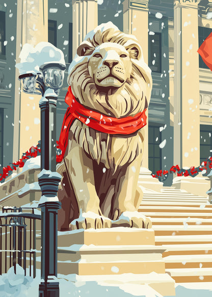 Regal Lion Statue in Snow | Bright Red Scarf | Urban Setting | Festive Garlands | Holiday Spirit | Classic Architecture | Poster Print