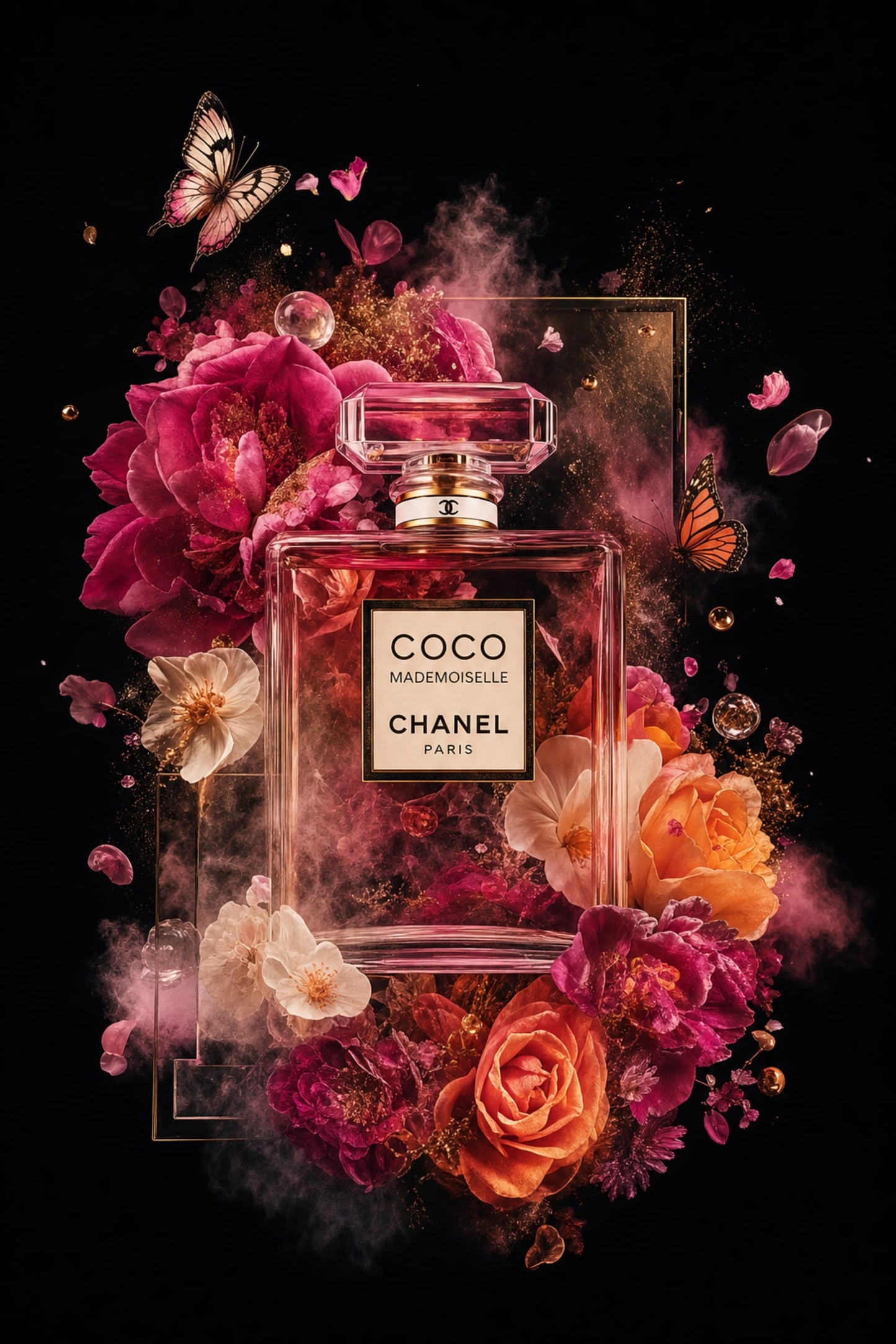 Coco Mademoiselle Fragrance Design | Floral Art | Elegant Decor | Wall Print | Luxury Home Poster | Butterfly Accent