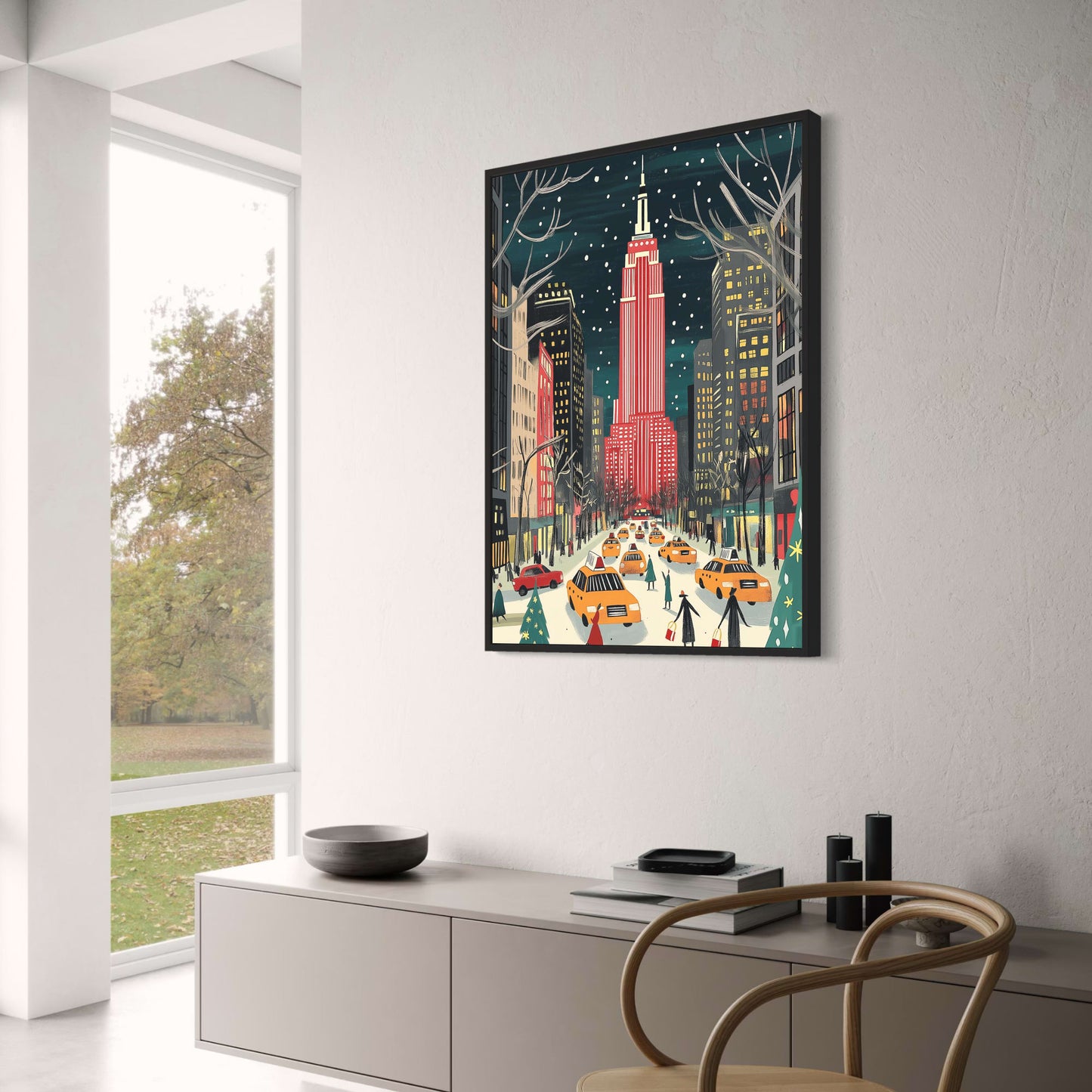 Empire State Building | Colorful Winter Cityscape | Festive Red & White | Snowflakes | Holiday Spirit | Vibrant Street Scene | Urban Winter Charm | Yellow Taxis | Holiday Shoppers | Snow-Covered Avenue | Print Poster