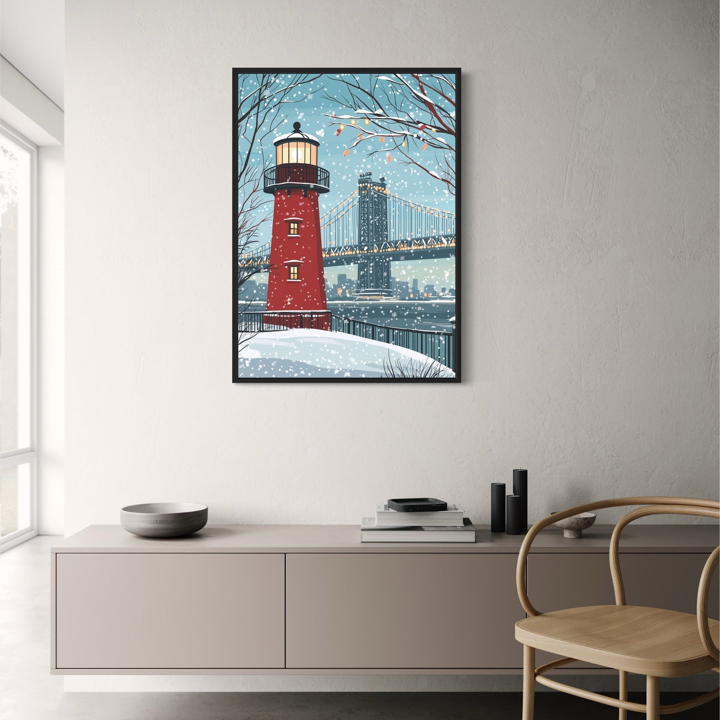 Scenic Winter Wonderland Art | Red Lighthouse in Snow | Cityscape & Bridge | Holiday Lights & Falling Snowflakes | Nature Enthusiast Gift | Large Wall Print | Tranquil Seasonal Decor | Serene Atmosphere