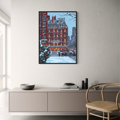 Charming Winter Cityscape | Snow-Covered Urban Setting | Red Brick Buildings | Elegant Lanterns | Poster Print | Festive Evergreens | Cozy Atmosphere | Historical Neighborhood | Serene Evening Scene