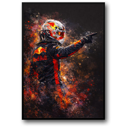 Max Verstappen | Racing Driver Artwork | Motorsport Print | Red Bull Branding | Vibrant Red & Black | Splatter Art Background | High-Speed Energy | Decorative Poster