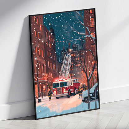 Vibrant City Nightscape | Heroic Firefighters in Action | Ladder Truck in Snow-Covered Urban Scene | Street Art Print | Urban Poster
