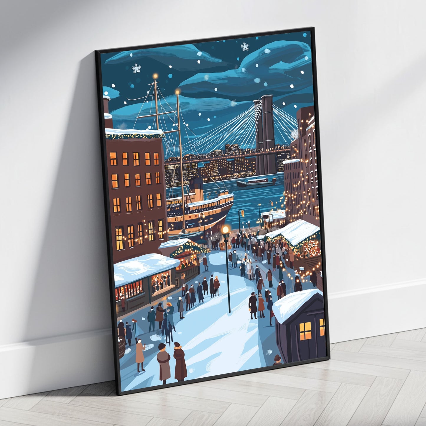 Festive Winter Cityscape | Charming Snow-Covered Streets | Cozy Market Stalls | Illuminated Architecture at Night | Enchanting Urban Harbor | Holiday Season Art | Decorative Poster Print