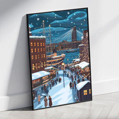 Festive Winter Cityscape | Charming Snow-Covered Streets | Cozy Market Stalls | Illuminated Architecture at Night | Enchanting Urban Harbor | Holiday Season Art | Decorative Poster Print