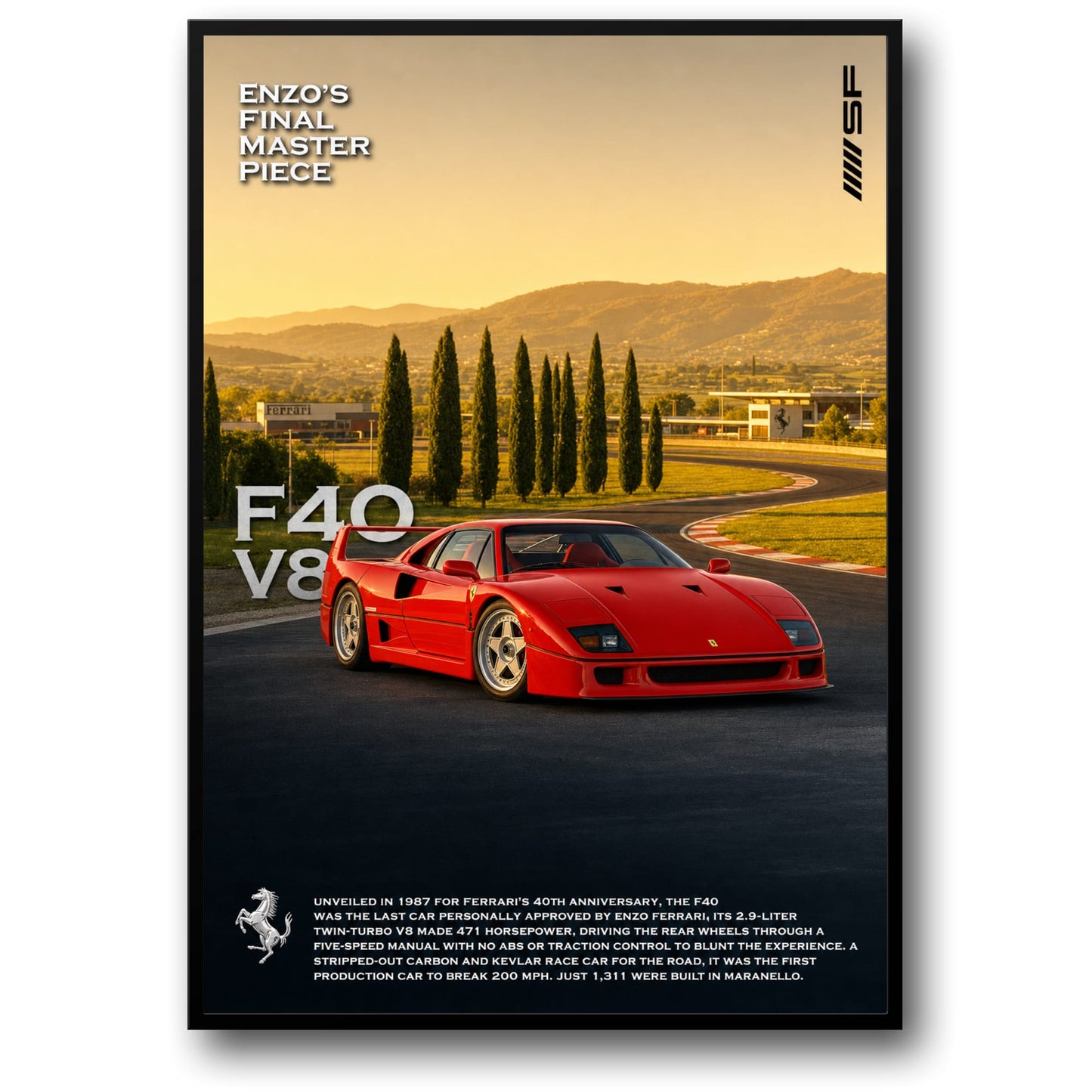 Enzo Ferrari F40 V8 | Iconic Sports Car | High Performance Classic | Automotive Art Print | Vintage Racing Poster