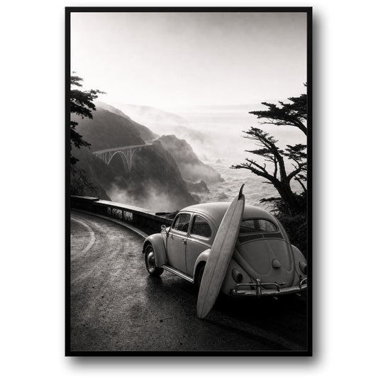 Vintage Coastal Journey | Surf Car Road Trip Black and White Art | Scenic Landscape Poster Print for Home Decor