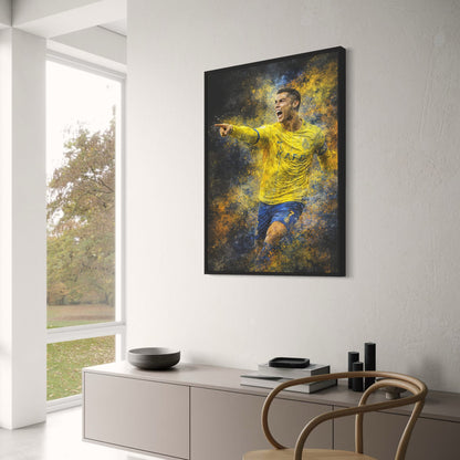 Cristiano Ronaldo | Soccer Art | Vibrant Poster with Athlete in Yellow & Blue | Unique Paint Splatter | Inspirational Home Decor | Action Print for Sports Enthusiasts & Art Lovers | Motivational Wall Artwork