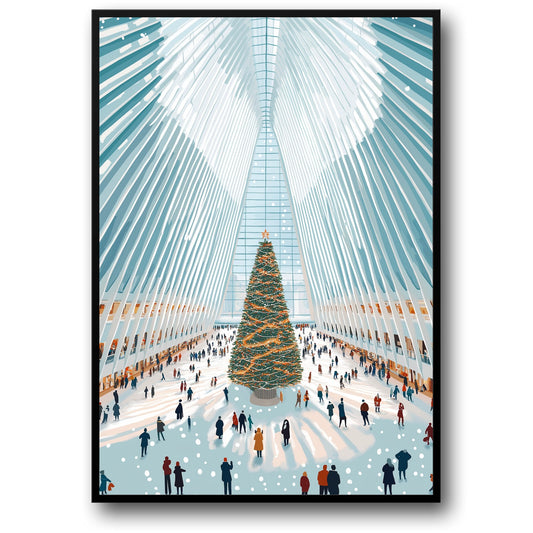 Holiday Spirit | Majestic Christmas Tree | Modern Atrium | Snowy Atmosphere Poster | Festive Decor | Interior Scene | Seasonal Celebrations | Perfect for Winter Wonderland Theme | Print