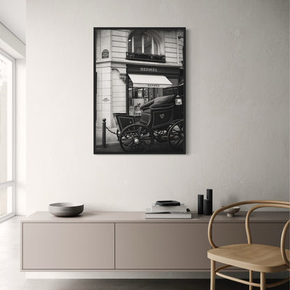 Hermès Paris Storefront | Vintage Black and White Photography | Elegant Parisian Carriage Scene | Art Print Poster