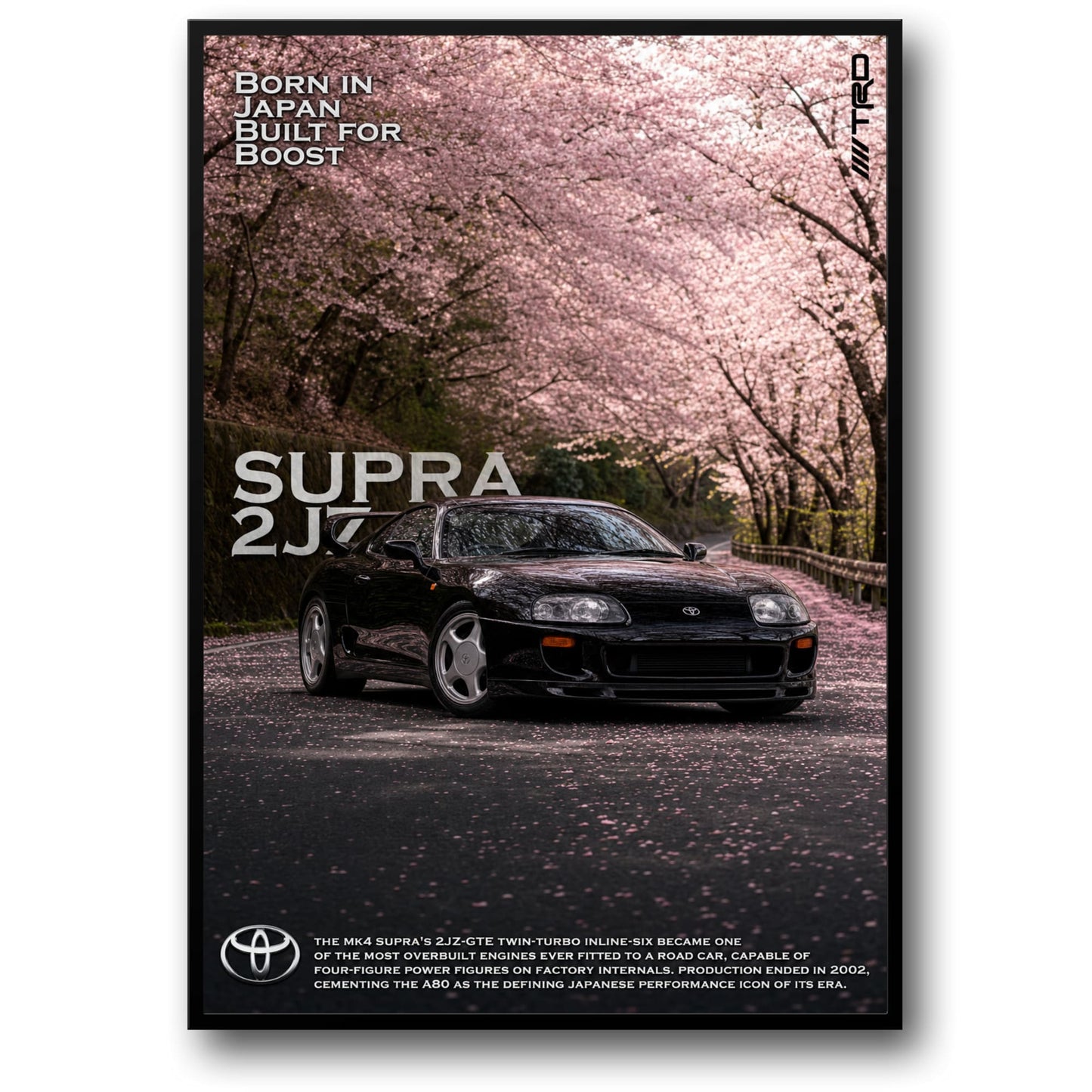 Toyota Supra MK4 2JZ | Japanese Iconic Car Art | Cherry Blossom Scene | Turbocharged Engine Legend | Performance Car Poster Print