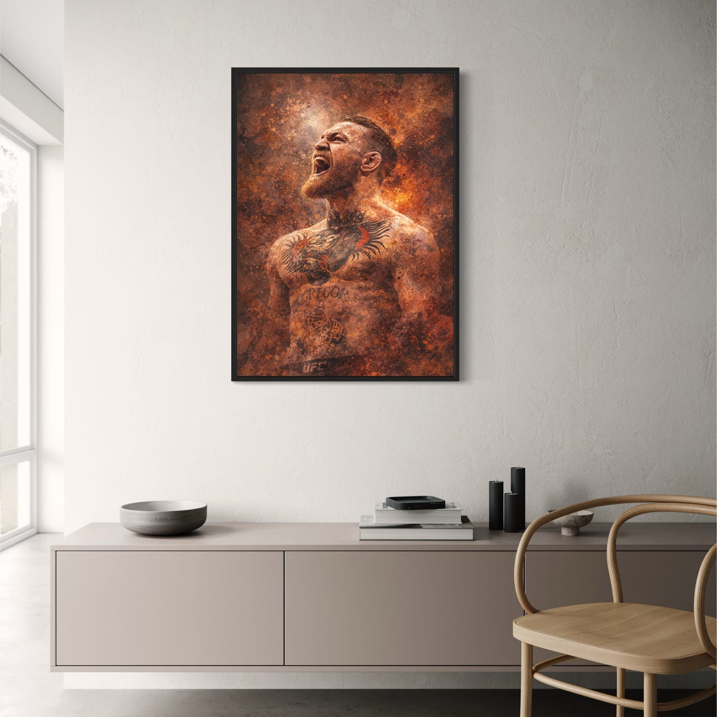 Conor McGregor | UFC Fighter Poster | Bold Shouting Pose with Intricate Tattoo and Fiery Abstract Design | Ideal for Enthusiasts | Vibrant Martial Arts Art Print for Decor Enthusiasts