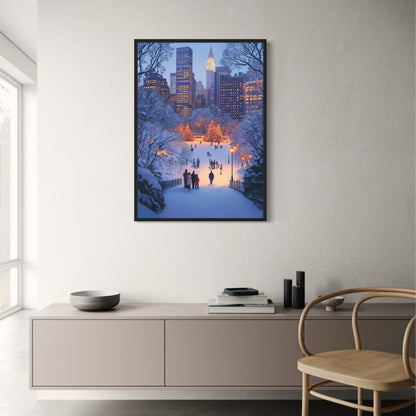 Enchanting Winter Wonderland Cityscape | Skyscrapers at Twilight | Snow-Covered Trees & Festive Ice Skating Scene | Holiday Poster & Print | Christmas Urban Winter Magic Decor