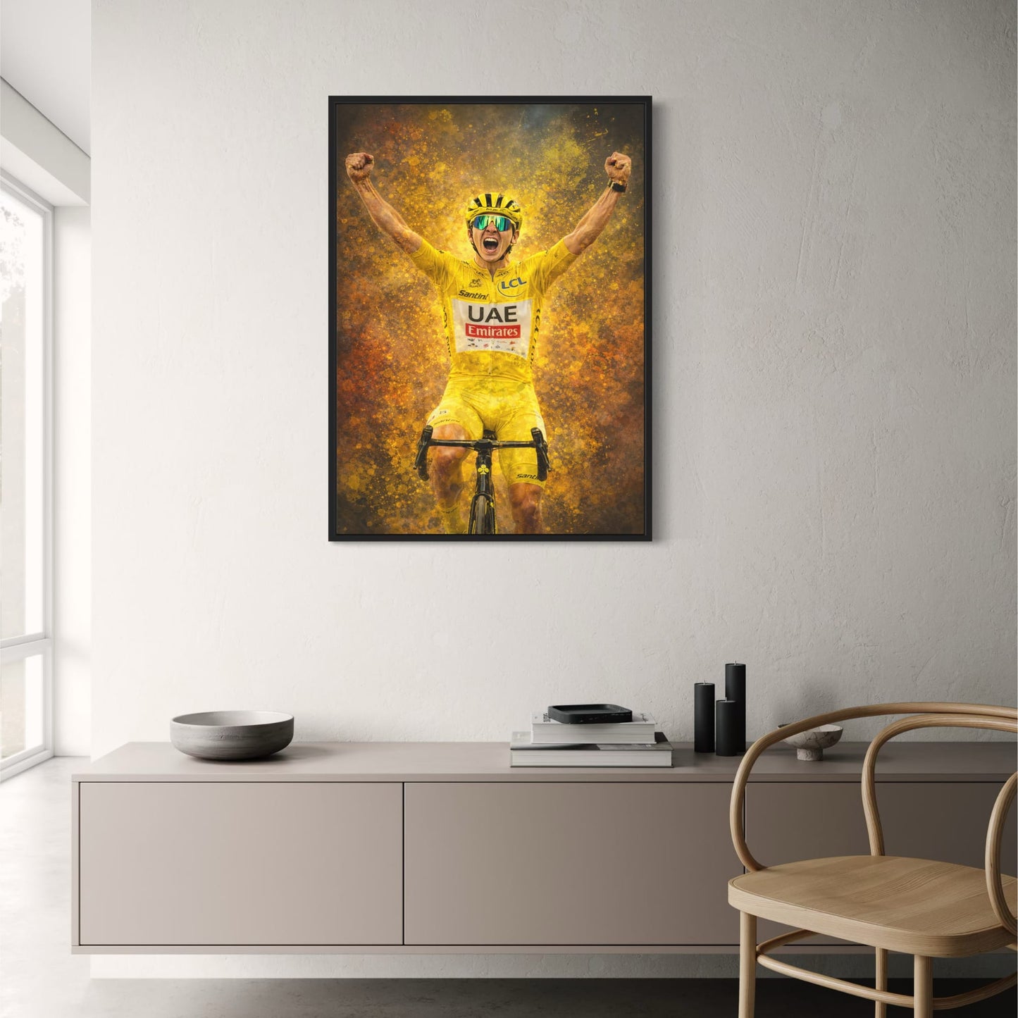 Tadej Pogačar | Enthusiastic Cyclist Poster | Celebratory Racing Bicycle Print | Vibrant Yellow Jersey | UAE Emirates & Santini Branding | Energetic Pose Against Abstract Background | Competitive Spirit Artwork