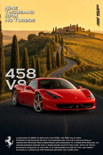 Ferrari 458 V8 | Sports Car Art | Red Ferrari in Scenic Italian Landscape | Automotive Poster | Perfect Gift for Car Enthusiasts | Wall Decor Print | Classic Car Art Poster