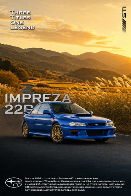 Legendary Rally Car Print | Impreza 22B | Iconic Sports Car Poster | Subaru Rally Heritage Art | Collectible Automotive Poster