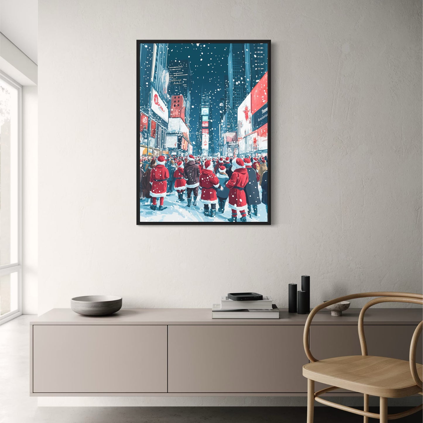 Festive Times Square Scene | Joyful Santa Crowd | Snowy Urban Night | Skyscrapers & Holiday Lights | Winter Wonderland Print for Christmas Decor | Community Spirit | Holiday Season Poster
