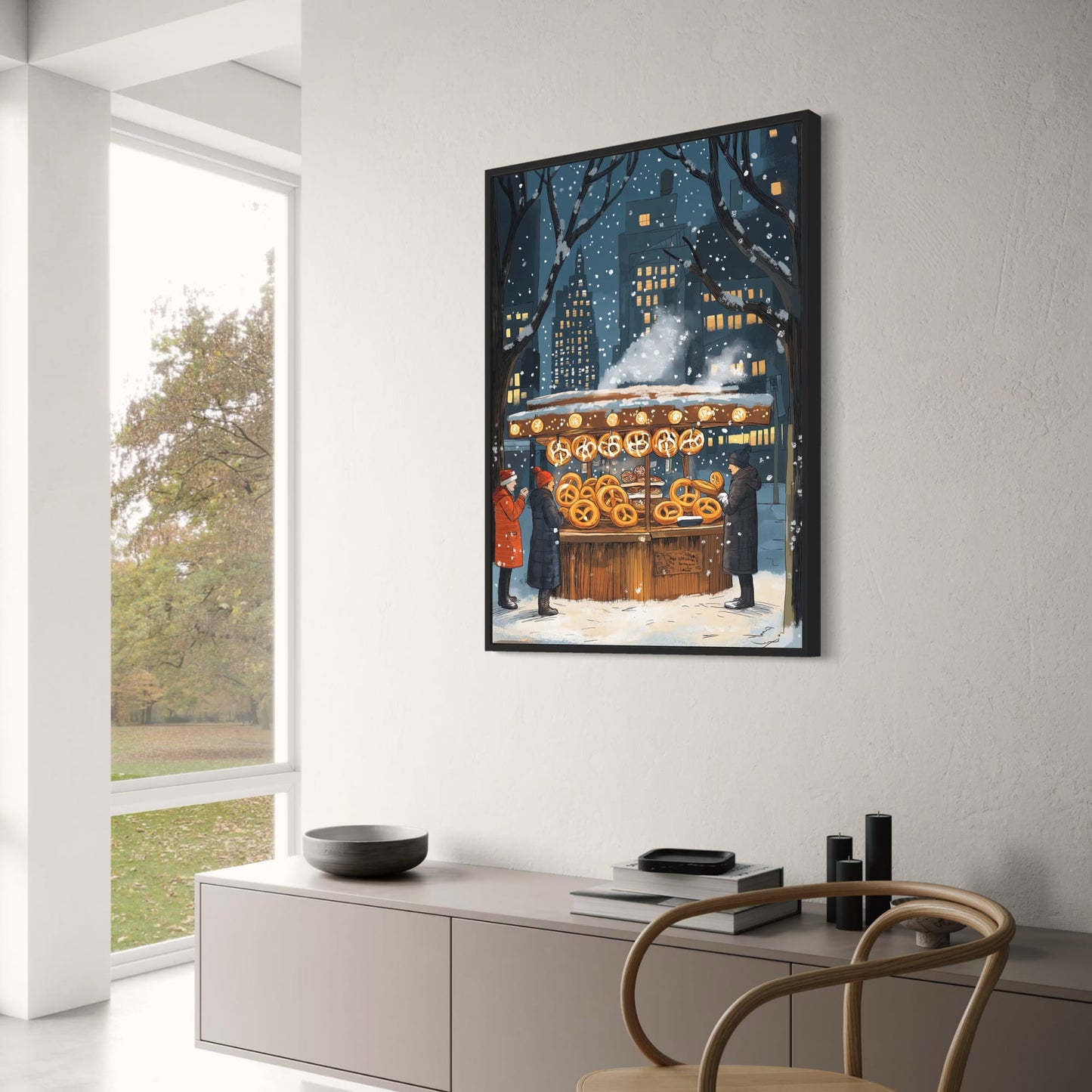 Winter Night Cityscape | Snowy Street Vendor Scene | Illuminated Pretzel Stand | Cozy Urban Setting | Festive Atmosphere Poster | Print