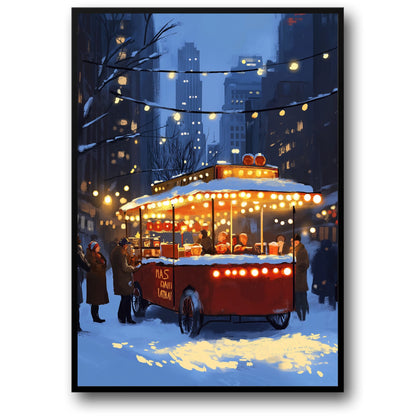 Charming Winter Cityscape | Vintage Hot Dog Stand | Festive Holiday Lights | Snowy Urban Atmosphere | Nostalgic Street Scene Poster | Winter Wonderland | Skyscrapers | Illuminated Trees | Cozy Market Print