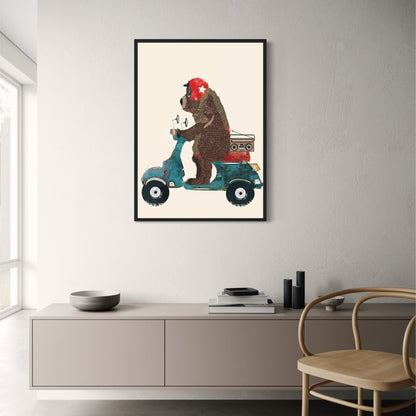 Bear's Scooter Serenade Poster | Whimsical Animal Art | Playful Backdrop for Kids Room Decor | Vibrant Animated Illustration