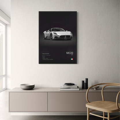 Maserati MC20 Poster | Tribute to Engineering | Sports Car Art | Specifications Display | Wall Decor