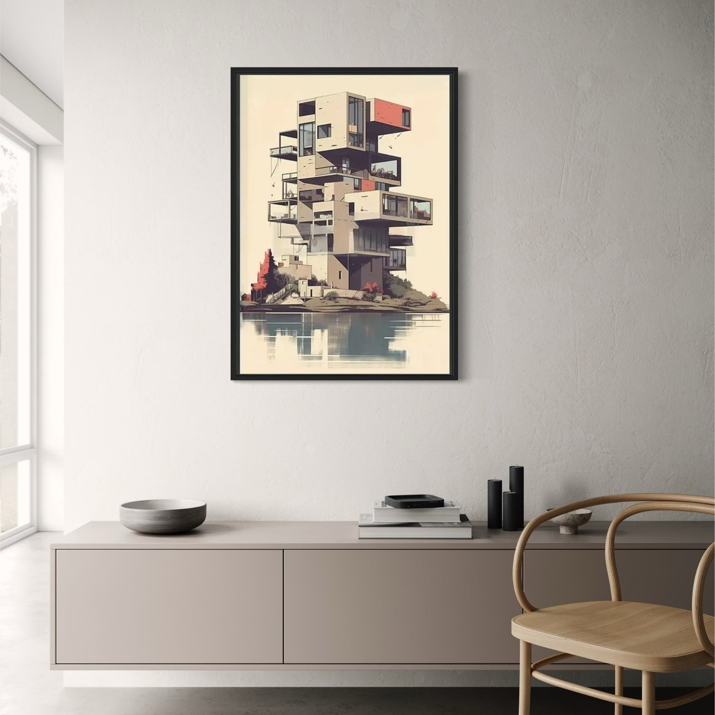 Lakeside Modern Architecture Poster | Layered Building Art Print | Minimalist Landscape | Stylish Wall Decoration