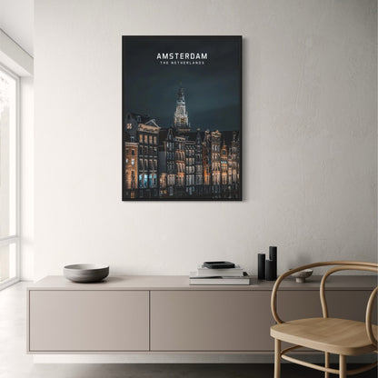 Amsterdam Canal Homes at Night Poster | Scenic European Cityscape Art | The Netherlands Wall Decor | Nighttime Urban Photography