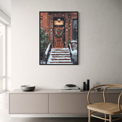 Charming Snowy Brownstone Porch | Holiday Wreath & Lanterns | Cozy Winter Scene