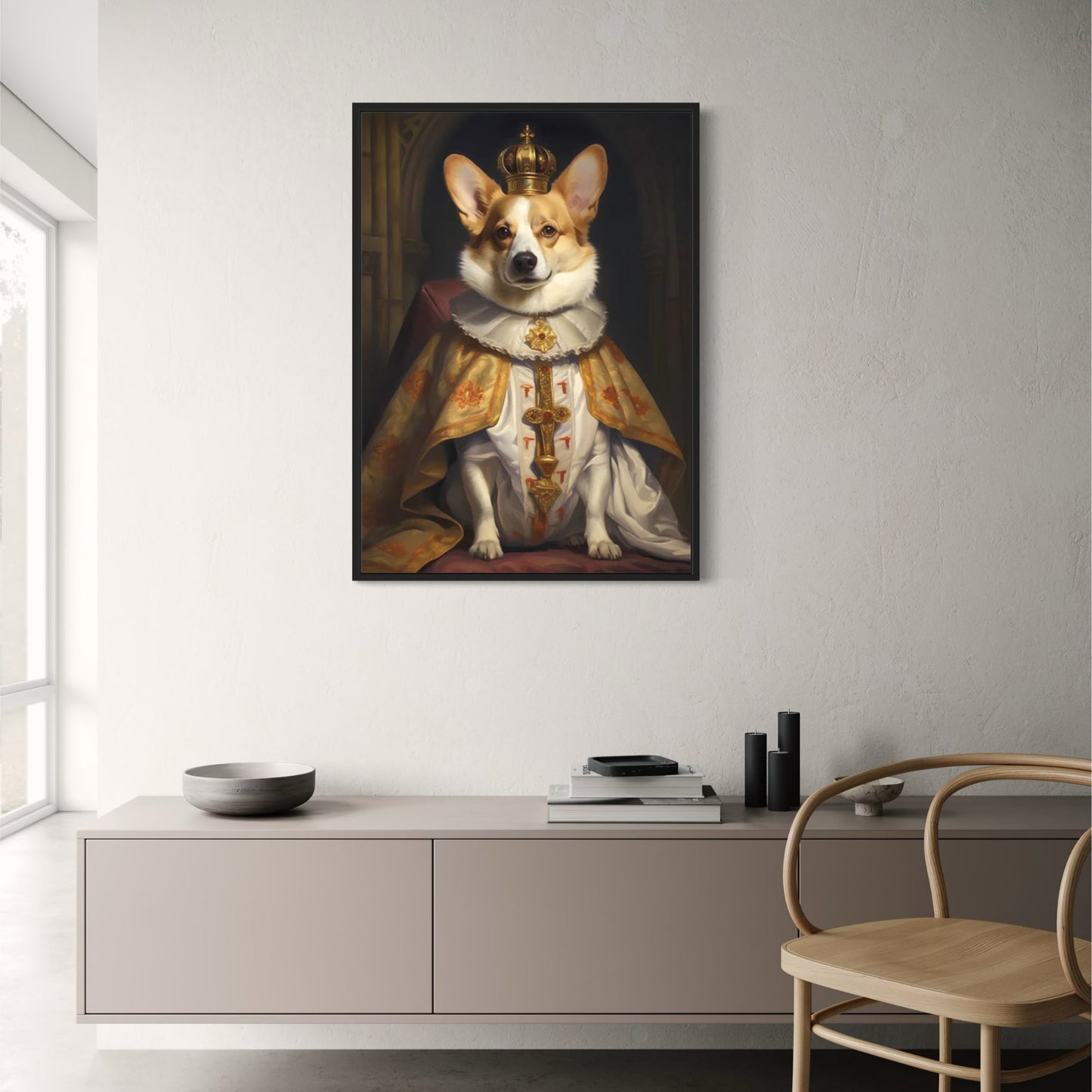 "Crown Adorned Corgi | Regal Dog Portrait Poster | Elegant Home Decor Artwork"