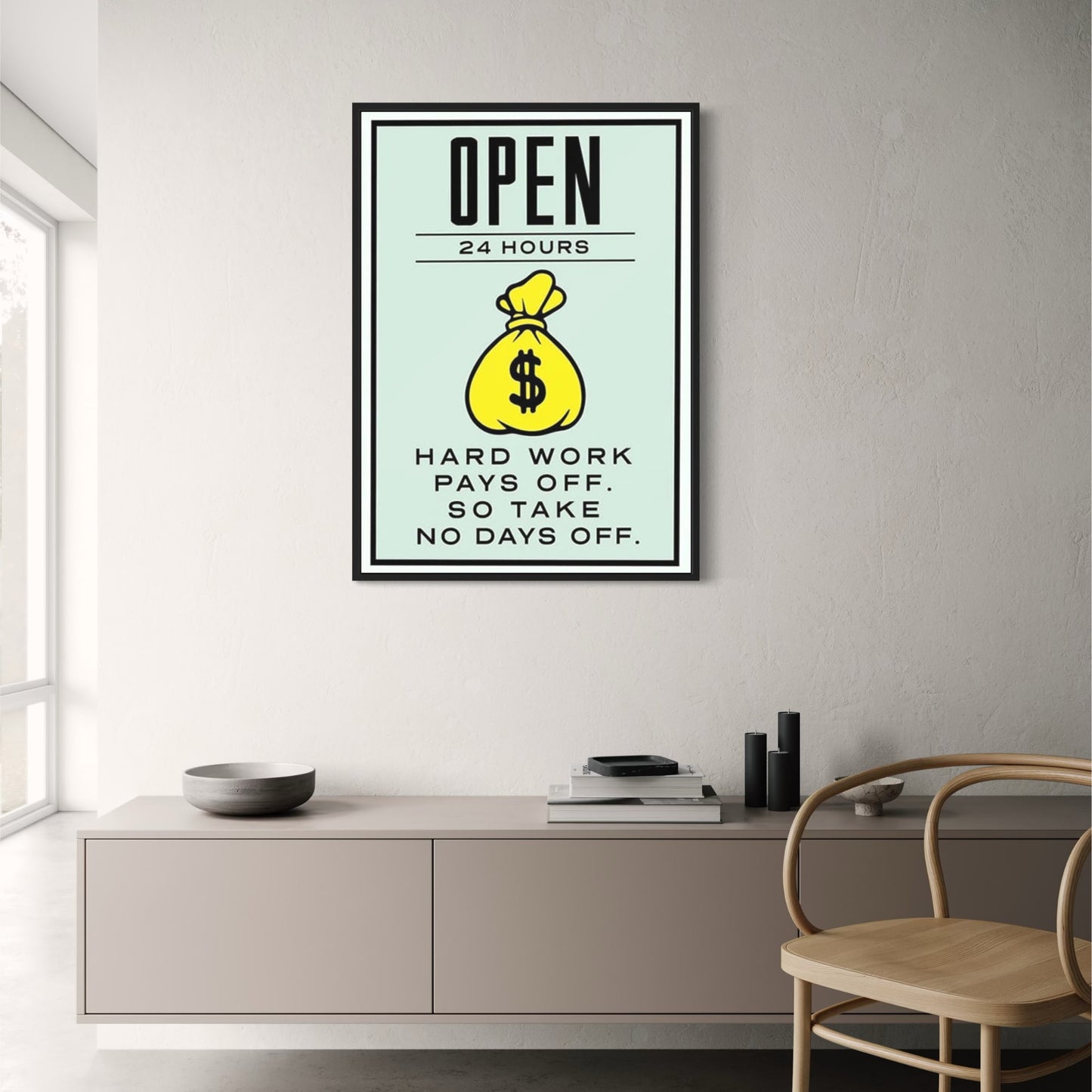 Monopoly Open 24 Hours Poster | Classic Board Game Art | Vintage Style Wall Decor | Unique Artwork for Game Rooms | Perfect Gift for Gamers | Collector's Edition Reproduction