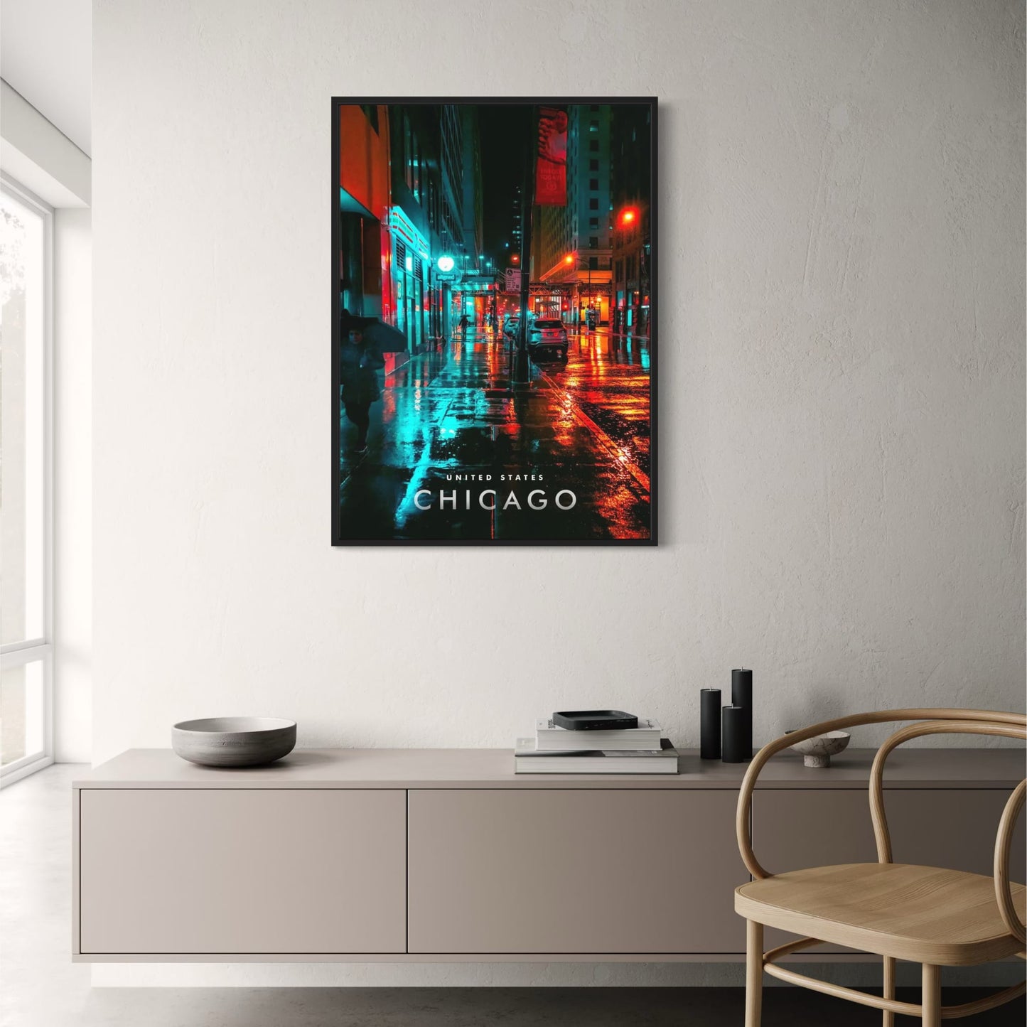 Chicago Rainy Night Poster | Urban Wonders Art Print | Cityscape Wall Decor | Artistic City Rain Scene | USA