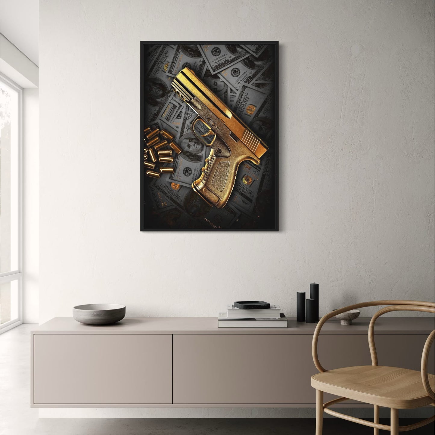 Golden Gun Poster  Luxury Money and Weapon Art Print | Home Decor | Decoration Poster