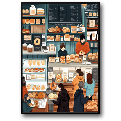 Charming Artisan Bakery Illustration | Hand-Drawn Assortment of Breads & Pastries | Cozy Warm-Toned Setting | Detailed Chalkboard Menu | Kitchen & Café Decor | Artistic Poster Print for Home Decor