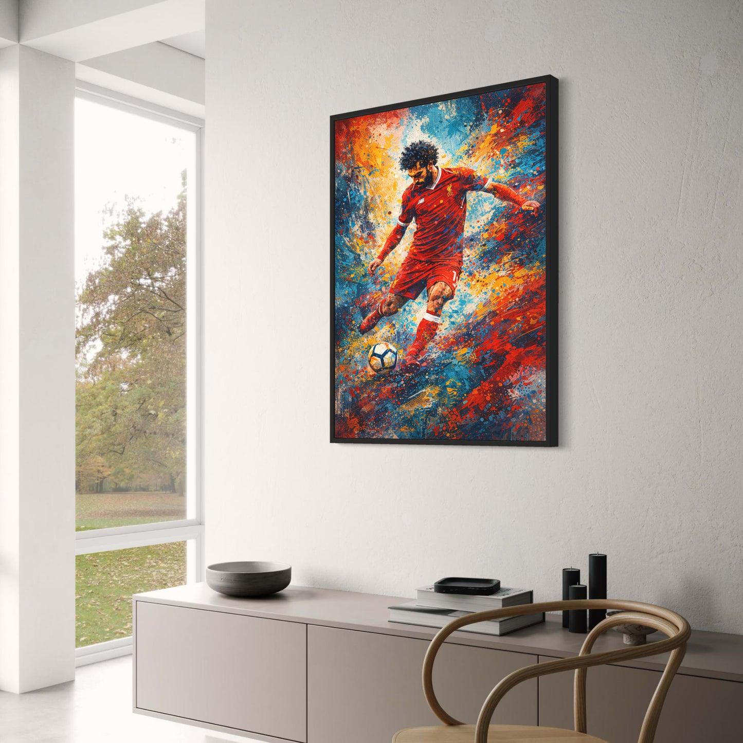 Mohamed Salah | Soccer Action | Vibrant Splatter Art | Abstract Football Print | Expressive Brush Strokes | Red Sports Uniform | Sports Enthusiasts Decor | High-Quality Poster for Home or Office
