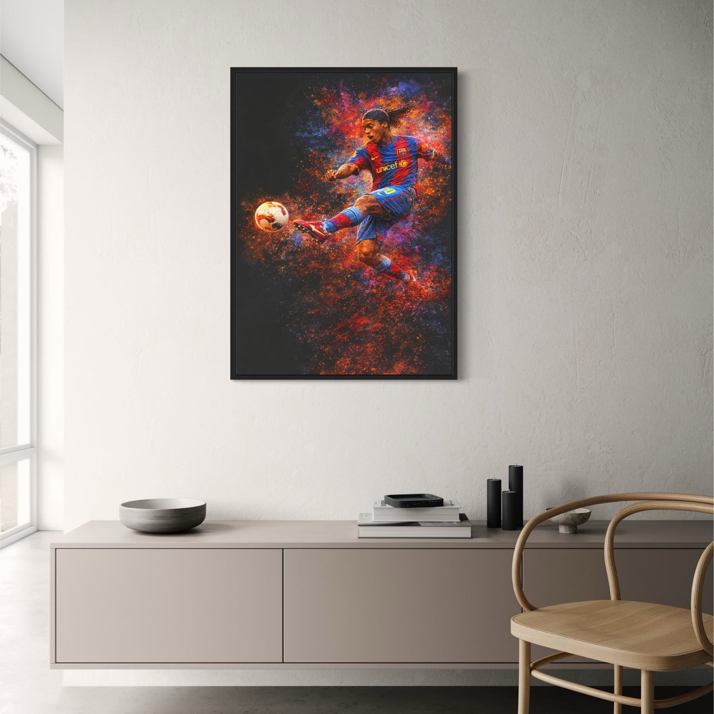 Ronaldinho | Soccer Art Print | Vibrant Abstract Motion | Player in Striped Jersey | Creative Wall Decor | High-Quality Poster for Enthusiasts