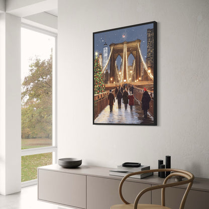 Brooklyn Bridge Festive Night | New York City Skyline | Illuminated Historic Architecture | Christmas Tree Print | Snowfall Poster | Iconic Holiday Atmosphere Art | Winter Coats | American Flag Visual Decor