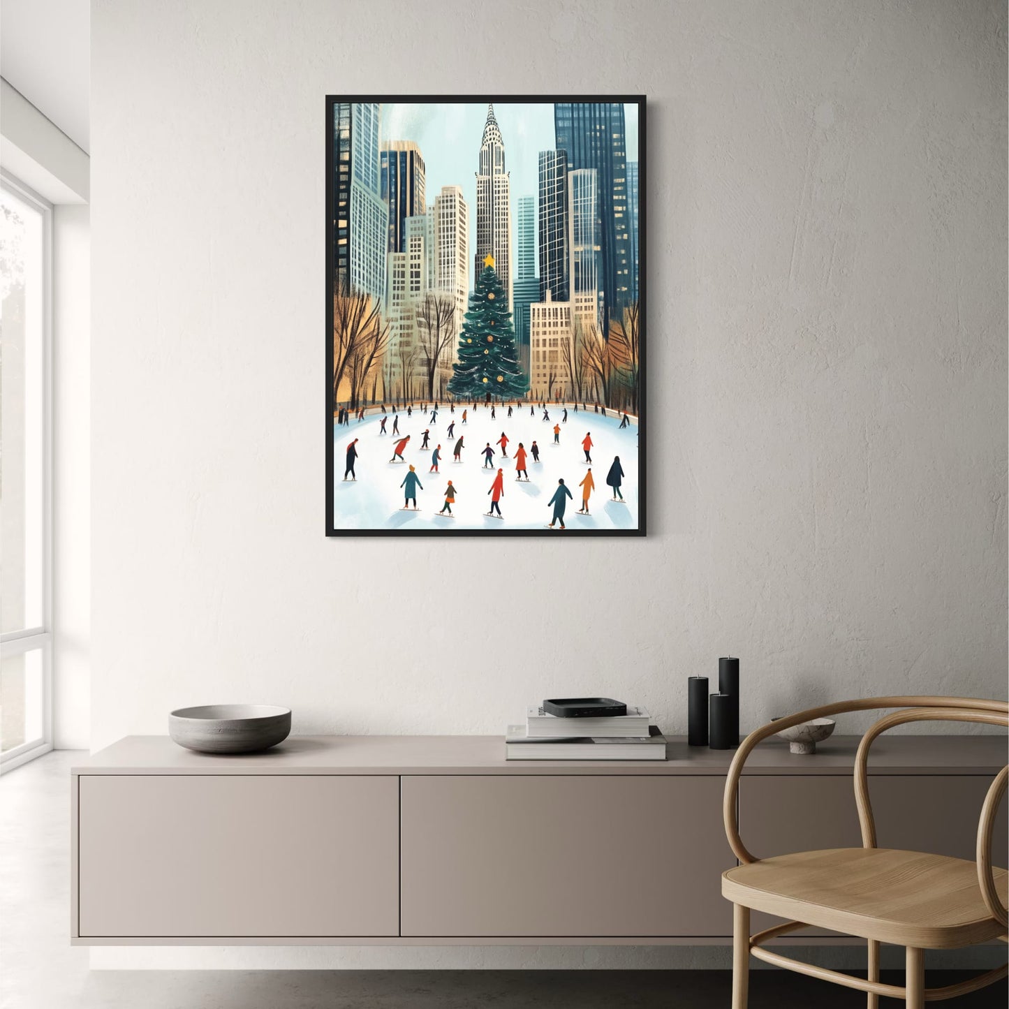Winter Wonderland Cityscape | Ice Skating Scene | Vibrant Holiday Decor | Christmas Tree | Urban Outdoor Rink Print | Festive Poster