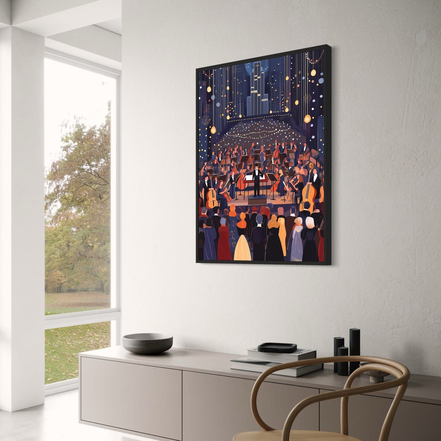Majestic Nighttime Symphony Orchestra | Conductor | Musicians in Grand Hall | Formal Audience | Atmospheric Fireworks | Classical Music | Art Illustration Poster | Perfect for Living Room Decor | High-Quality Print
