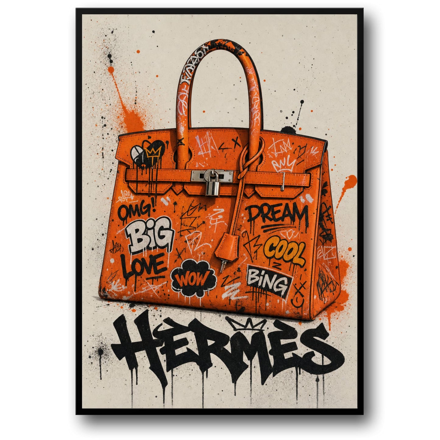 Stylish Graffiti Art | Orange Designer Handbag Illustration | Trendy Wall Print Poster | Fashion Inspired Decor