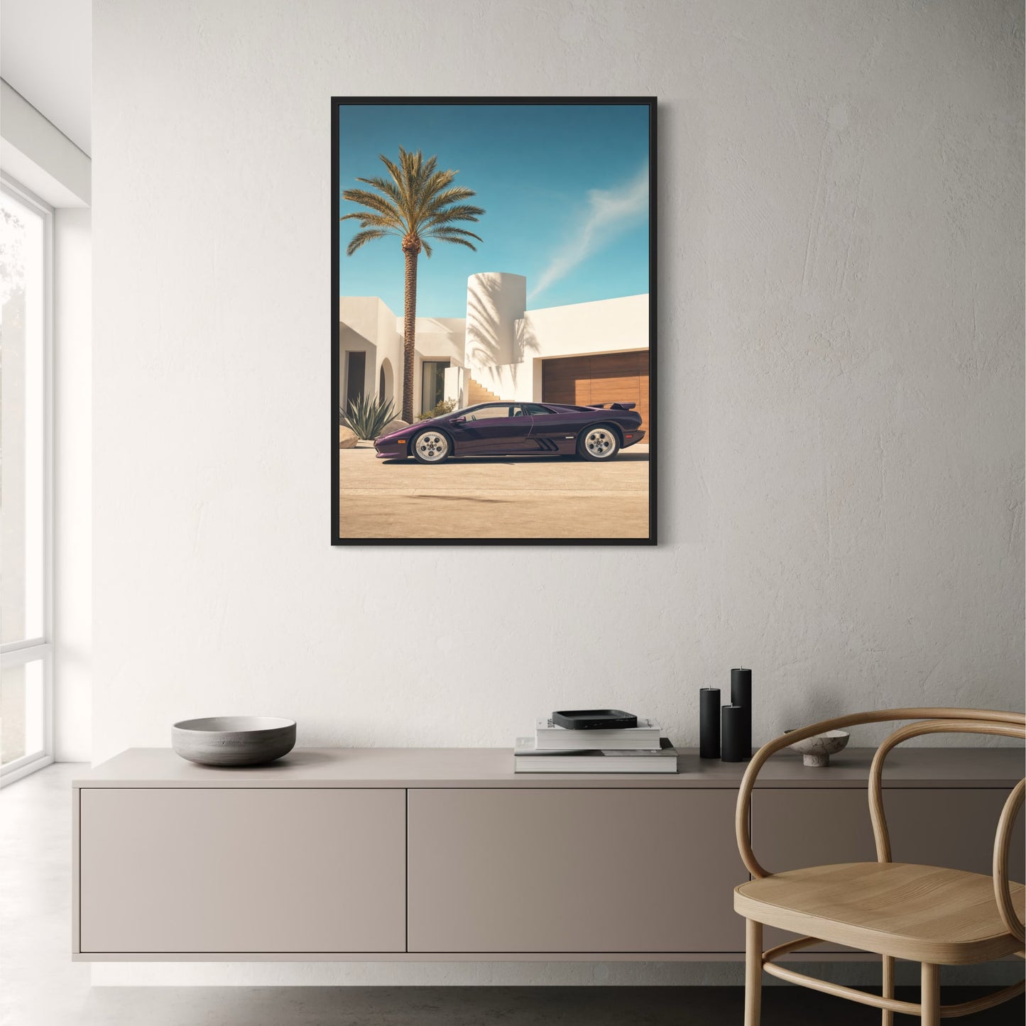 Luxury Sports Car & Palm Tree Art | Exotic Car Wall Decor | Elegant Architecture Scene Poster | Premium Print
