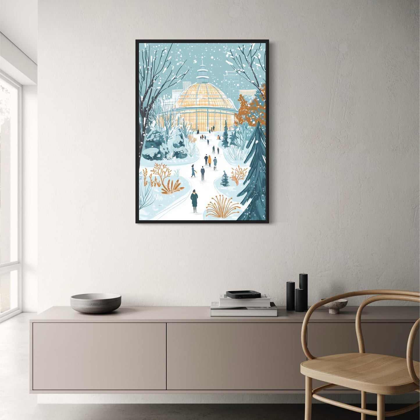 Winter Wonderland | Serene Botanical Garden Pathway with Snowfall | Iconic Glass-Domed Conservatory Scene | Vibrant Blue & Orange Illustration | Ideal Winter Decor Print | Perfect Seasonal Artwork Poster