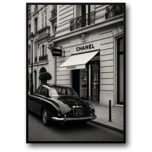 Chanel Paris Street Scene | Black and White Car Poster | Vintage Luxury Print | Classic Wall Art for Home Decor