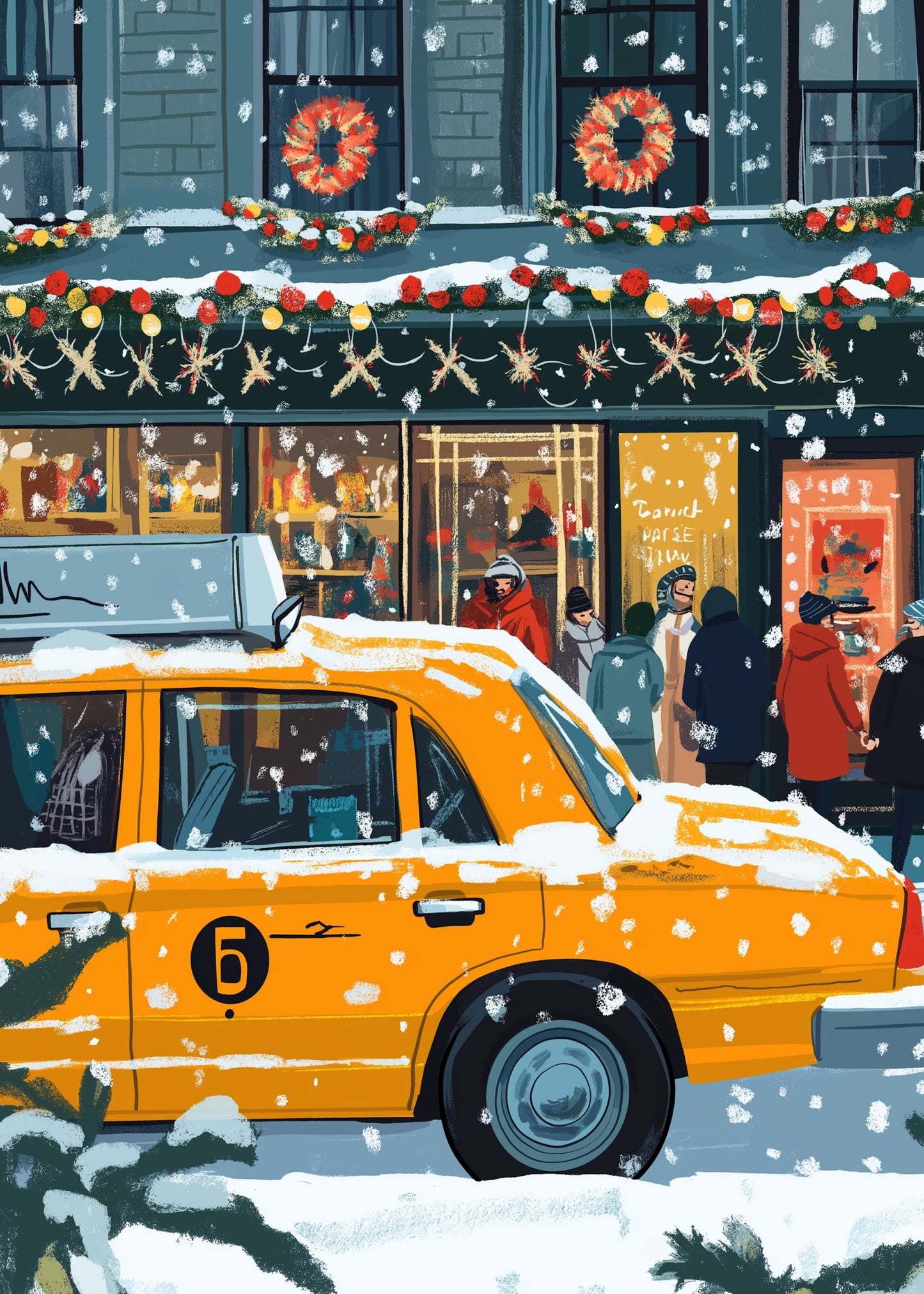Festive Urban Winter Scene | Yellow Taxi Cab in Snow | Christmas Wreaths and Garlands | Perfect Home or Holiday Gift | City Poster Print